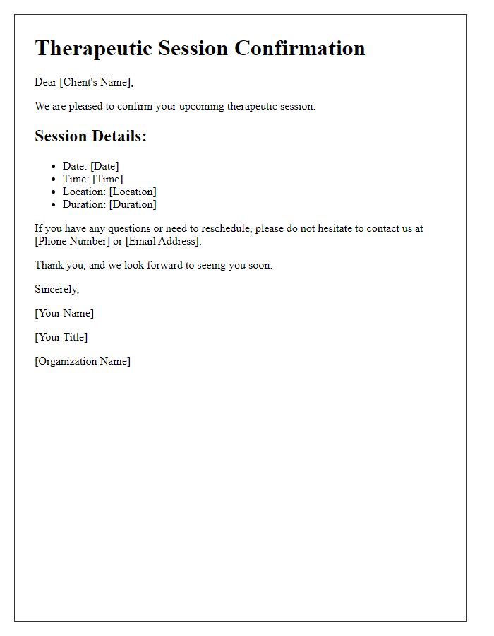 Letter template of therapeutic session schedule confirmation.