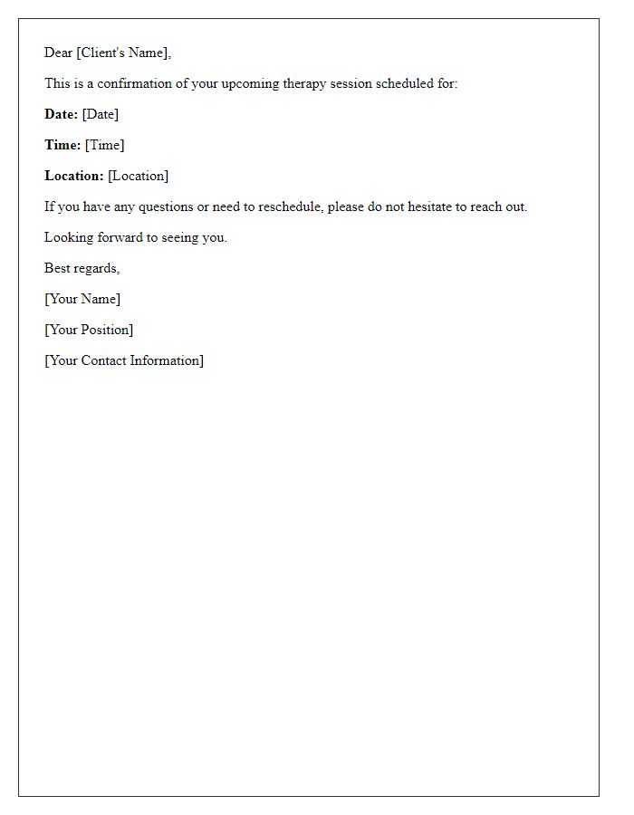 Letter template of verifying upcoming therapy session.