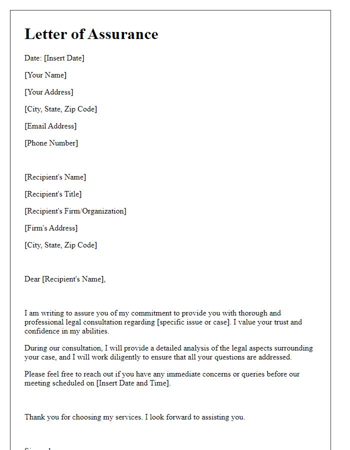 Letter template of assurance for legal consultation details.