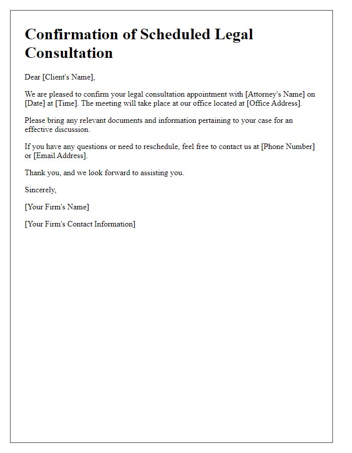 Letter template of confirmation for scheduled legal consultation.