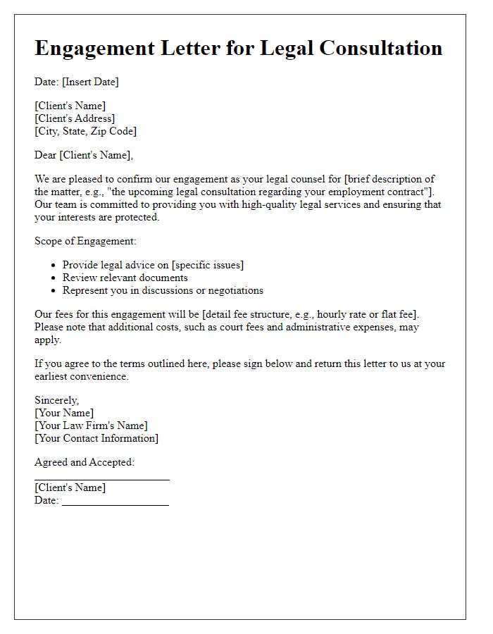 Letter template of readiness for legal consultation engagement.