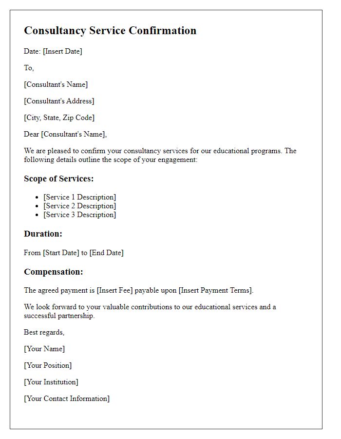 Letter template of consultancy service confirmation for educational services.