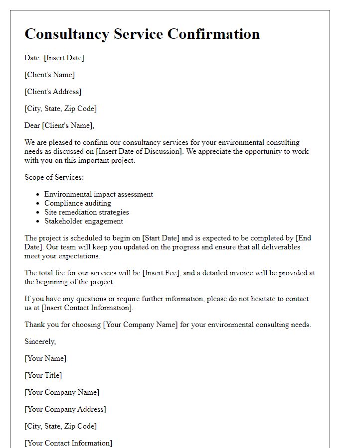 Letter template of consultancy service confirmation for environmental consulting.