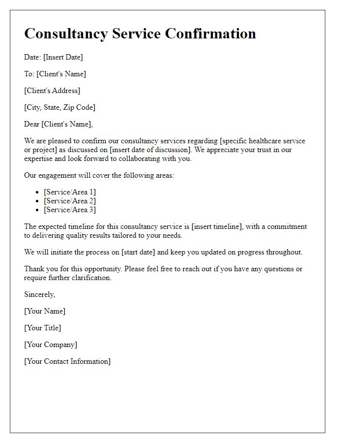 Letter template of consultancy service confirmation for healthcare.