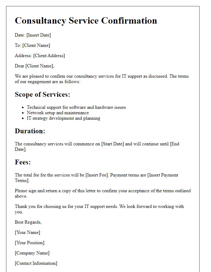 Letter template of consultancy service confirmation for IT support.