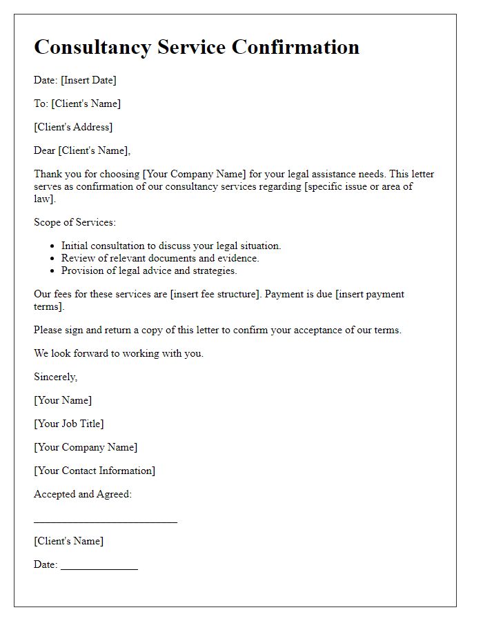 Letter template of consultancy service confirmation for legal assistance.