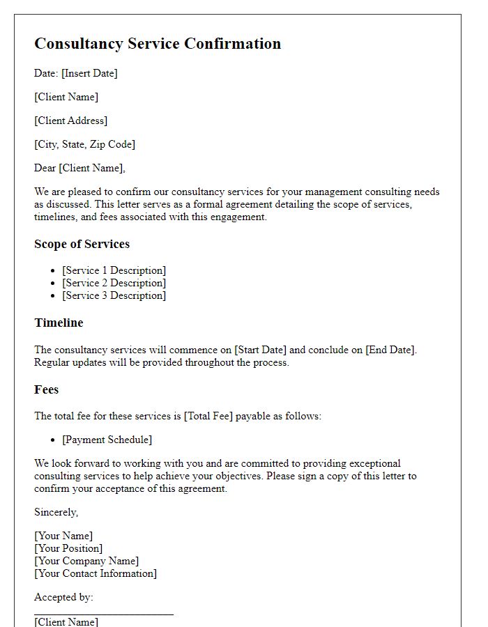 Letter template of consultancy service confirmation for management consulting.