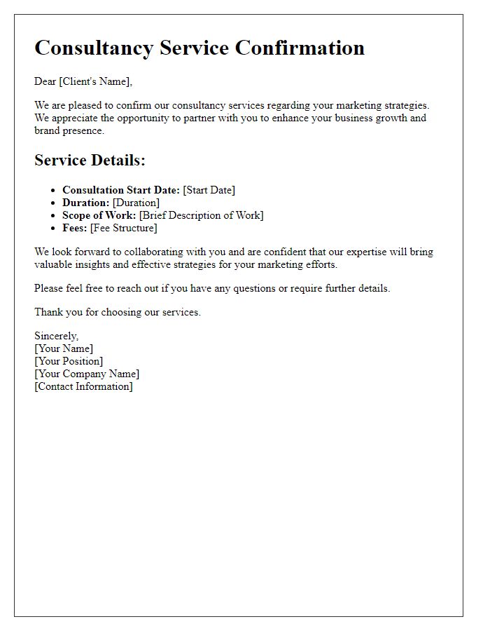 Letter template of consultancy service confirmation for marketing strategies.