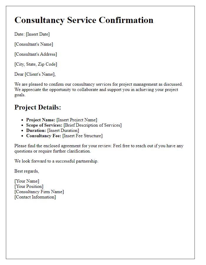 Letter template of consultancy service confirmation for project management.