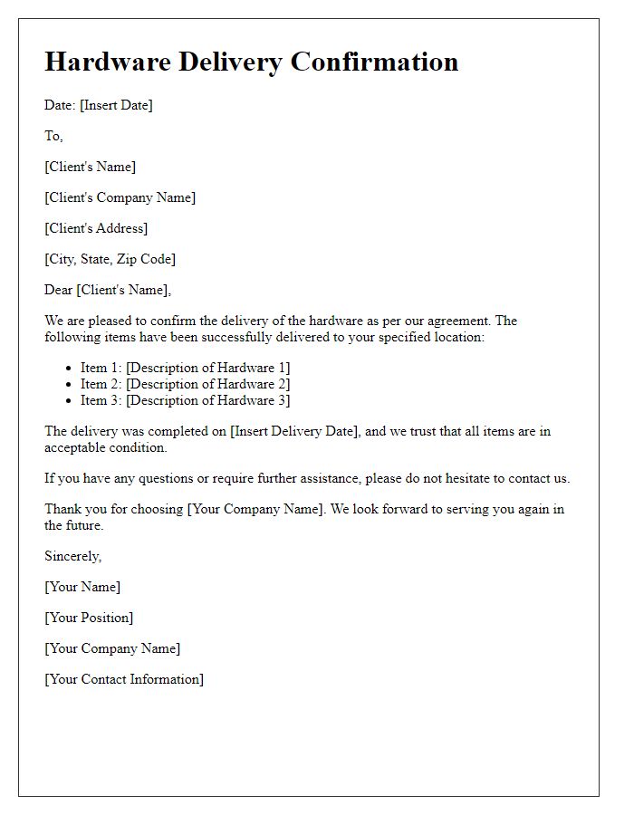 Letter template of hardware delivery confirmation for corporate clients.