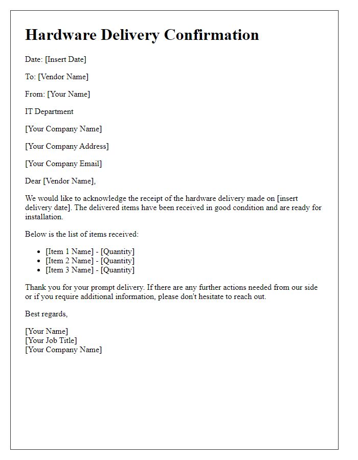 Letter template of hardware delivery reply for IT departments.