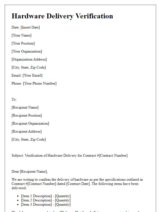 Letter template of hardware delivery verification for government contracts.