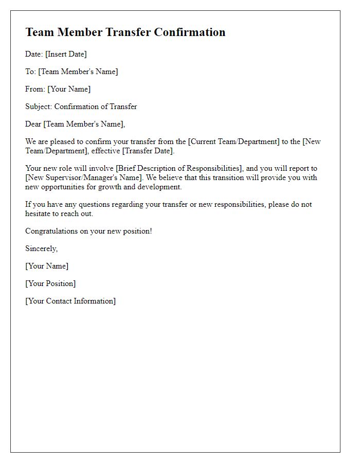 Letter template of team member transfer confirmation