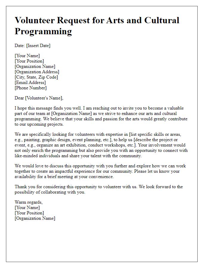 Letter template of skills-based volunteer request for arts and cultural programming