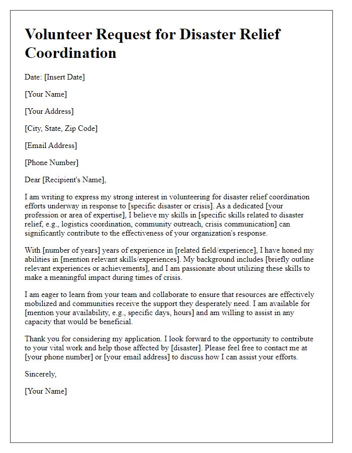 Letter template of skills-based volunteer request for disaster relief coordination