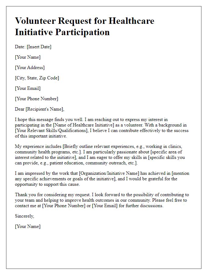 Letter template of skills-based volunteer request for healthcare initiative participation