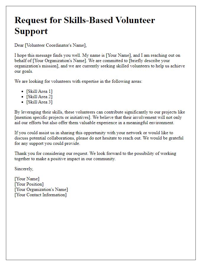 Letter template of skills-based volunteer request for non-profit organization support