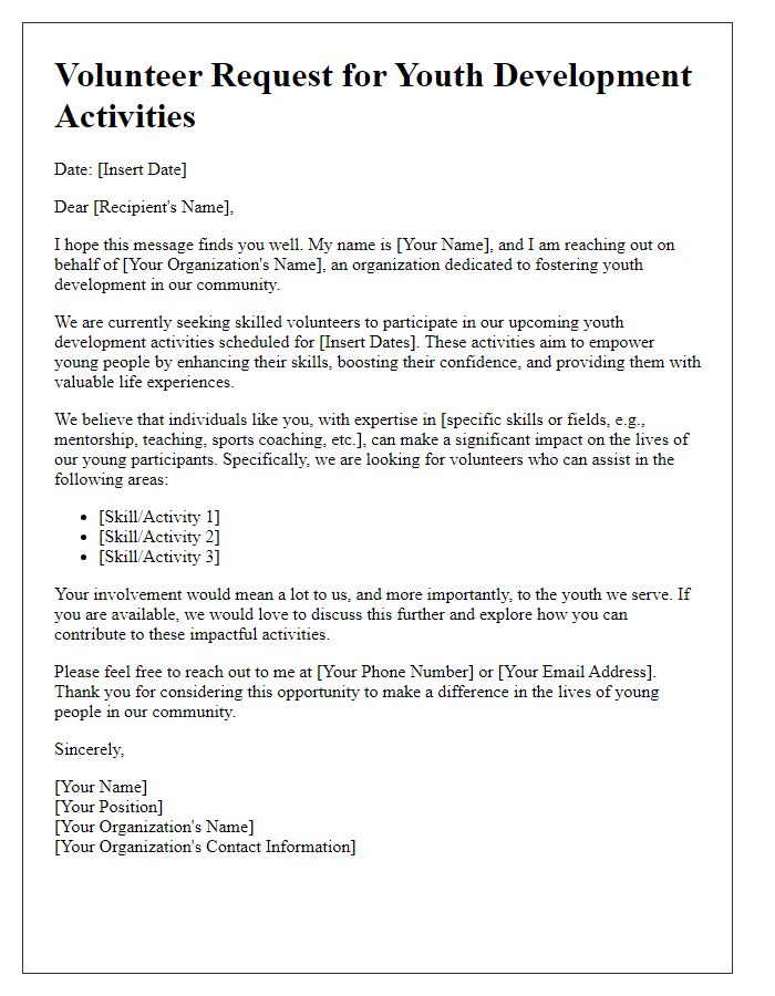 Letter template of skills-based volunteer request for youth development activities