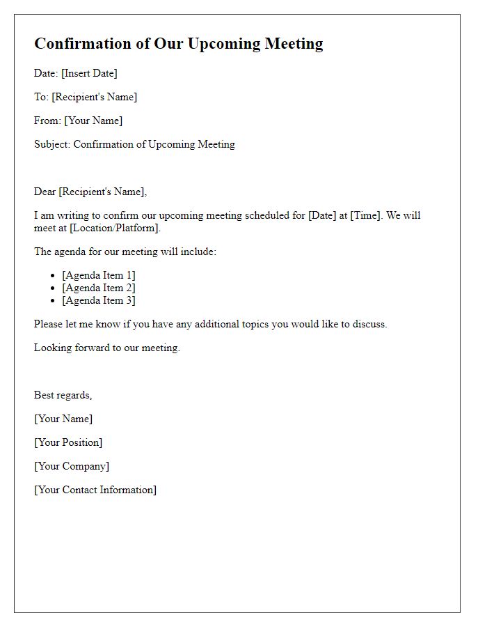 Letter template of Confirmation of Our Upcoming Meeting