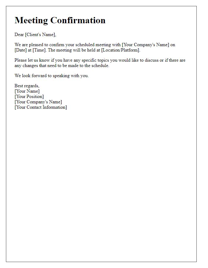Letter template of Confirmation for Scheduled Client Meeting