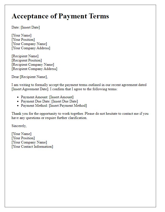 Letter template of acceptance of payment terms