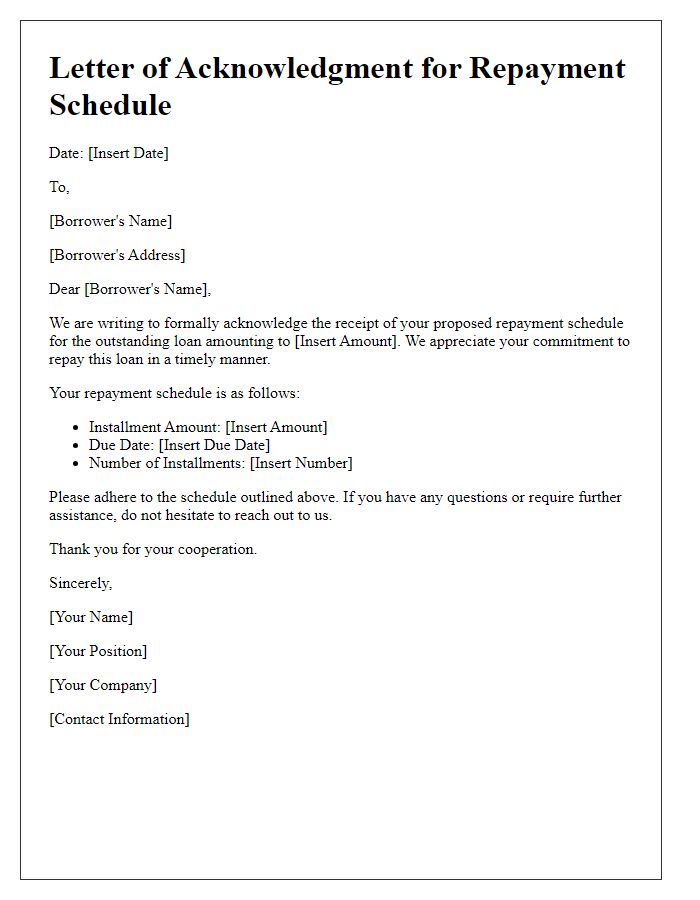 Letter template of acknowledgment for repayment schedule