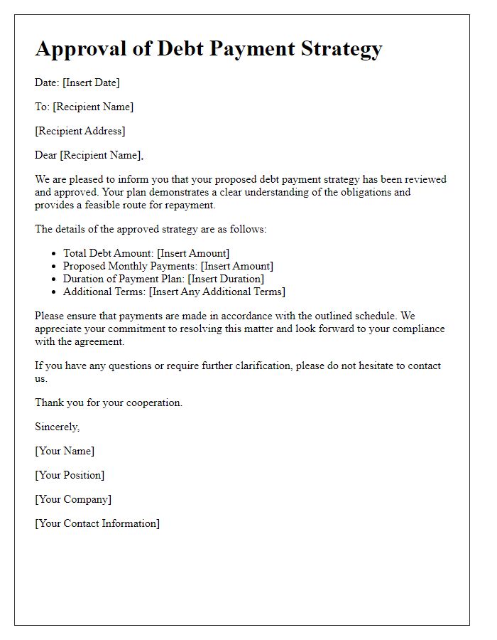 Letter template of approval of debt payment strategy