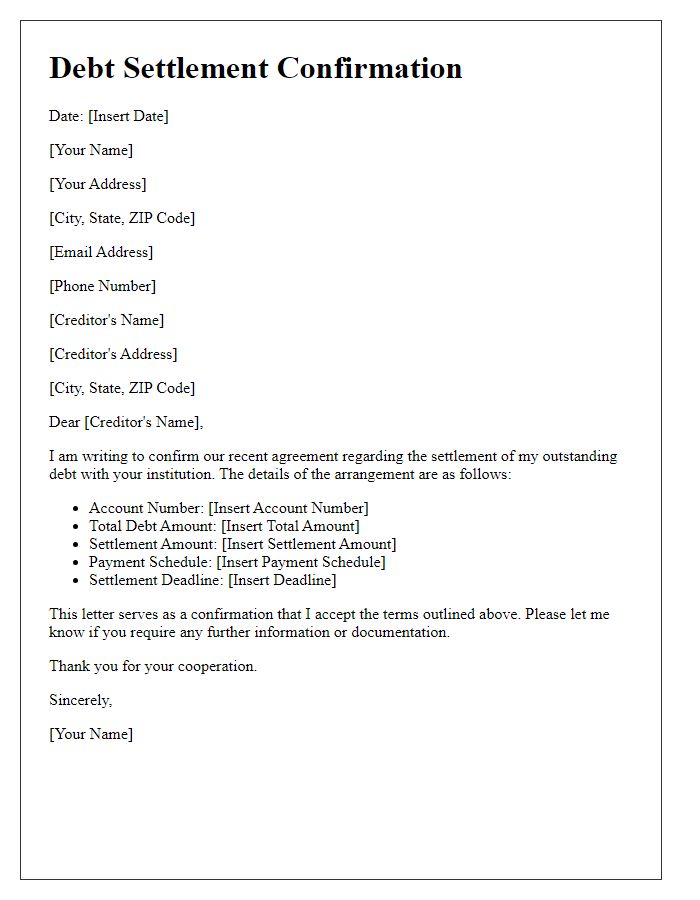 Letter template of confirmation for debt settlement arrangement