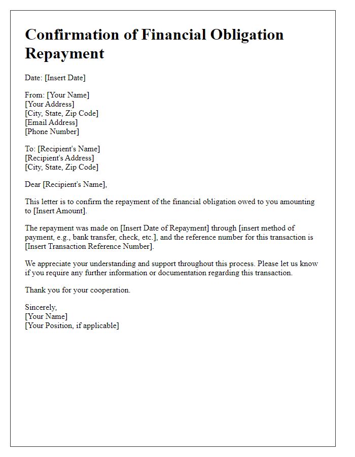 Letter template of confirmation for financial obligation repayment