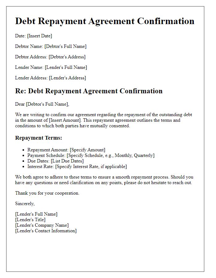 Letter template of debt repayment agreement confirmation