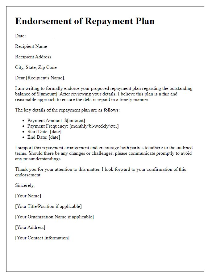 Letter template of endorsement for repayment plan details