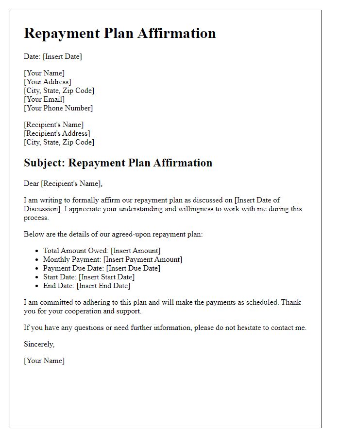 Letter template of repayment plan affirmation