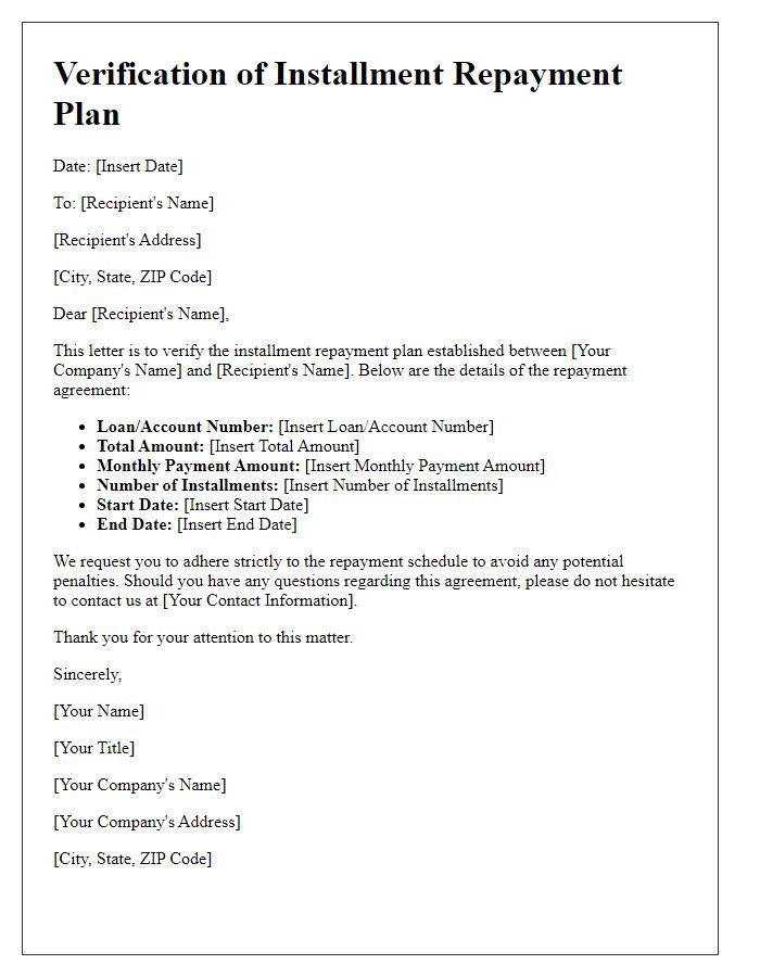 Letter template of verification for installment repayment plan