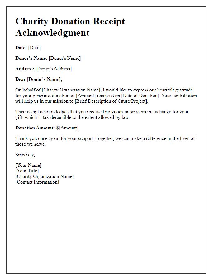 Letter template of Charity Donation Receipt Acknowledgment