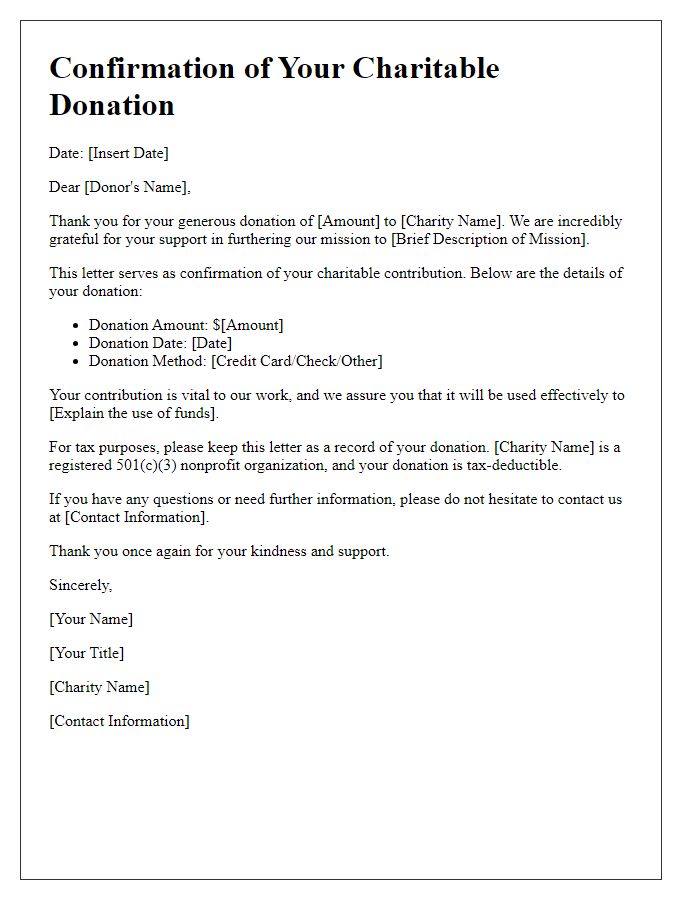 Letter template of Confirmation of Your Charitable Donation