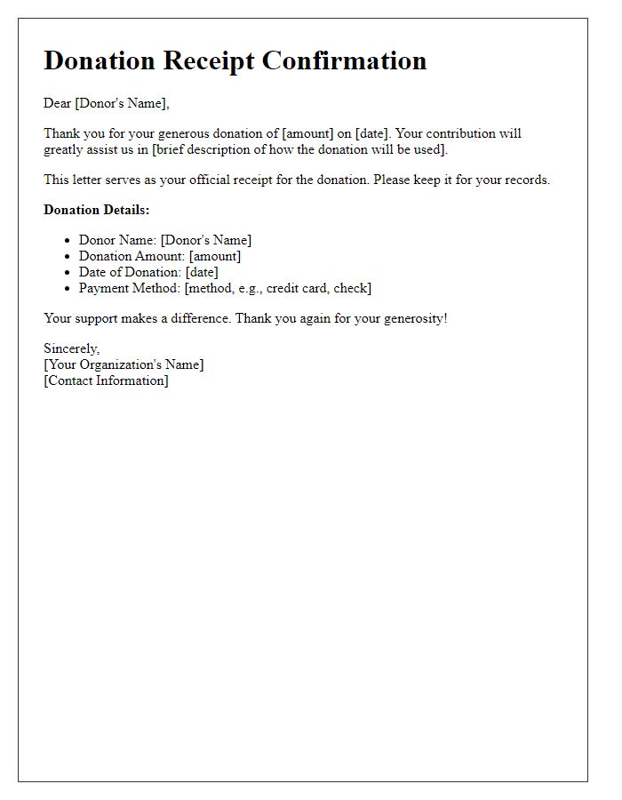 Letter template of Donation Receipt Confirmation