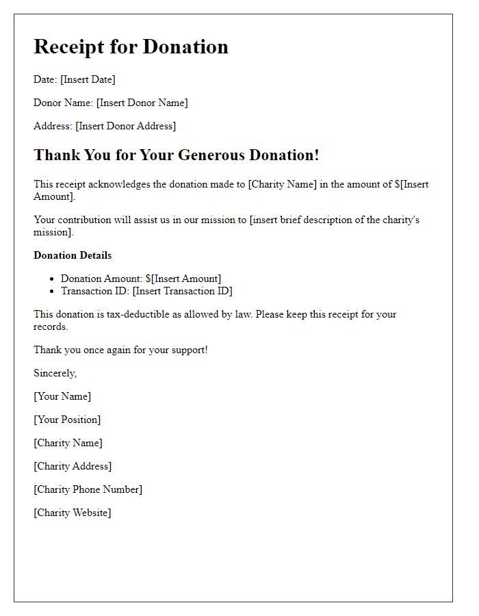 Letter template of Receipt for Donation Made to Our Charity