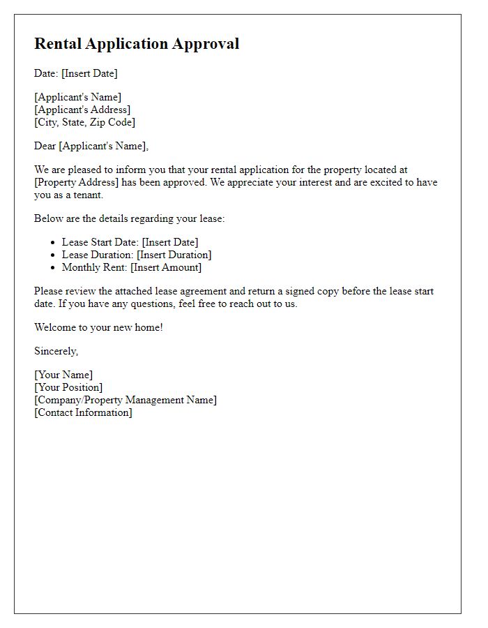 Letter template of official rental application approval.