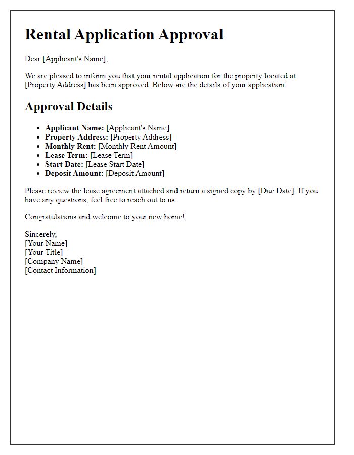 Letter template of rental application approval details.