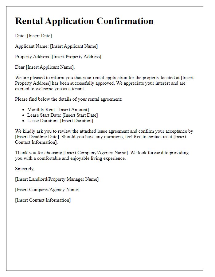 Letter template of successful rental application confirmation.