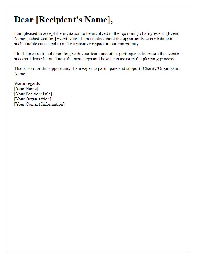 Letter template of acceptance for charity event involvement