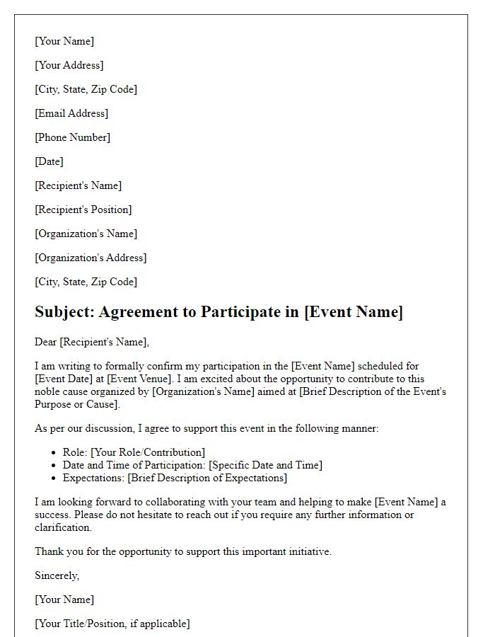 Letter template of agreement to take part in a philanthropic event