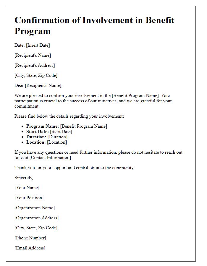 Letter template of confirmation for involvement in a benefit program