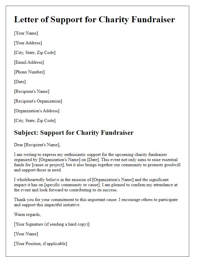 Letter template of support and attendance for charity fundraiser