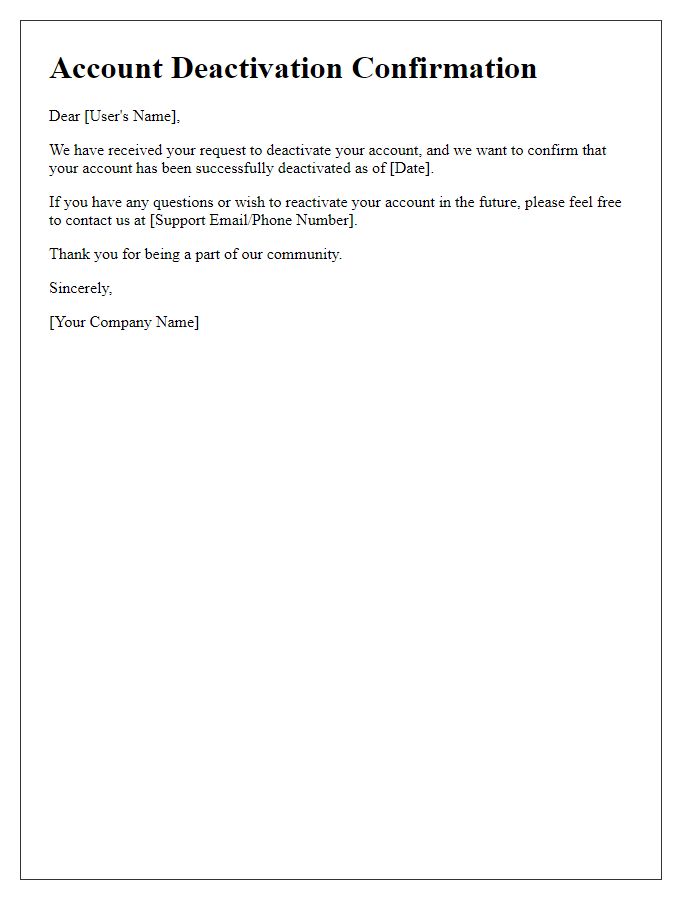Letter template of account deactivation confirmation.