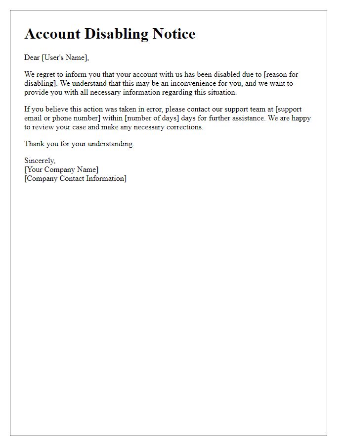 Letter template of account disabling notice.