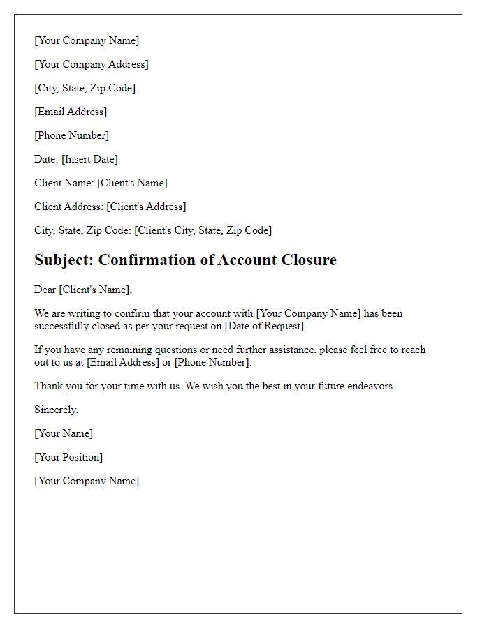 Letter template of client account closure confirmation.