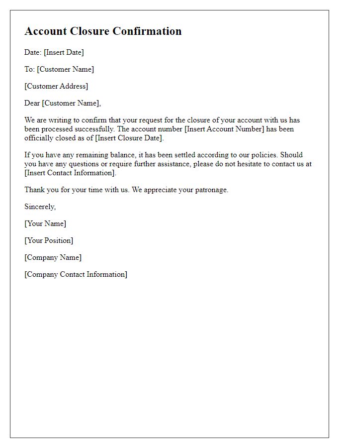 Letter template of confirmation for account closure.