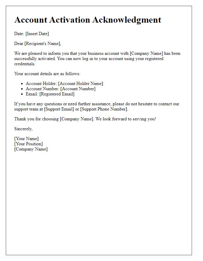 Letter template of account activation acknowledgment for business accounts