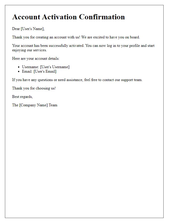 Letter template of account activation confirmation for new users